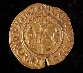 Currency of the Republic of Genes: a gold quadrupla. Diameter 32 mm. 1616. Back. Genes Musei di Strada Nuova