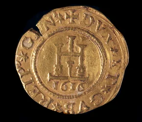 Currency of the Republic of Genoa: a gold quadrupla with a Genoa portal. 1616. (front)