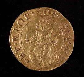 Currency of the Republic of Genoa: five gold doppie coin. Diam. 41 mm. 1652. Back. Genoa Musei di Strada Nuova