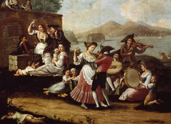 Dance scene and popular festival in Naples. Tarantella dancers (tarantella, tarantella). Anonymous painting. 18th century, Naples, Museo Nazionale di San Martino