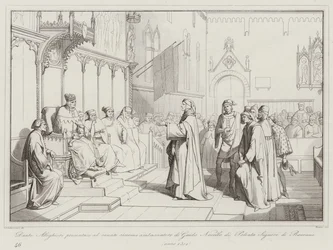 Dante Alighieri presents himself to the senate as ambassador of Guido Novello di Polenta, Lord of Ravenna