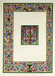 Decorative border with God the Father and two prophets and a historiated initial T with a siren and two putti