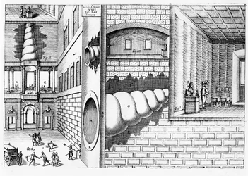 Device for listening to conversation in a piazza, illustration from Musurgia Universalis by Athanasius Kircher published in Rome, 1650