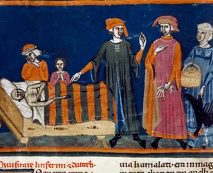Doctors at the bedside of a sick person, miniature of the Florentine school from an expanded edition of the “Pater noster” by Ser Zucchero Bencivenni (MS.II.VI 16), beginning of the 14th century, Florence, National Library