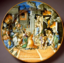 Aeneas and his father Anchises during the burning of Troy. Ceramic plate from Urbino. Around 1560. Museo Nazionale del Bargello, Florence