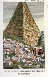 Entrance of Belzoni into the Pyramid of Giza or Chephren (Old Empire). Giovanni Battista (Gianbattista) Belzoni (1778-1823), Italian explorer and archeologist, made important archeological discoveries in Egypt. Engraving