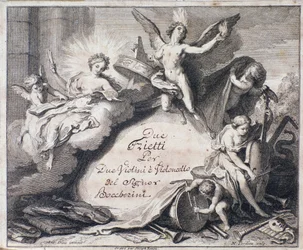 Frontispiece of musical score of Due trietti per due violini e violoncello by Luigi Boccherini