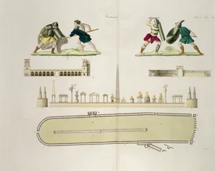 Gladiators and a Plan of the Circus of Caracalla, plate 23A, class 5 from Part I of The History of the Nations, engraved by A. Nani