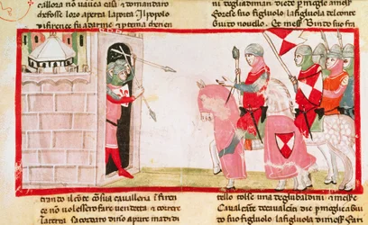 Guelfs block Ghibellines from re-entering the city, miniature from the Cronica by Giovanni Villani