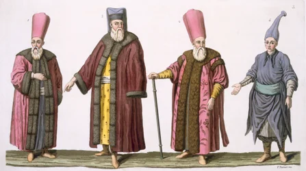 Head Usher of the Harem, Captain of the Harem Ushers, Harem Usher and Pageboy, plate 3 from Part III, Volume I of The History of the Nations, engraved by V. Raineri