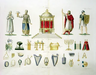 Hebrew Levi, Priest, King and Soldier with Sacred Furnishings and Musical Instruments, plate 2, class 1 from Part I of The History of the Nations, engraved by Marco Comirati