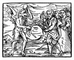 Homage to the Devil, copy of an illustration from Compendium Maleticarum by Fr M Guaccius, used in History of Magic