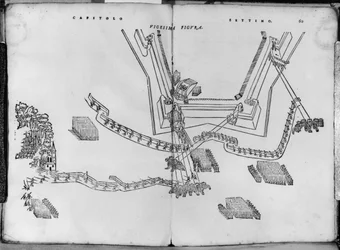 How to adjust the firing posts and how to choose the angle of the walls, illustration from Opera nuova di fortificare by Girolamo Cataneo Novarese (fl. c.1540-84) Brescia, 1564