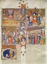Illumination Divided into Four Scenes: A Juristconsult at his Table; A Pope being Offered a Book; A Lesson in a College of Law; A Bookshop, with a Historiated Capital featuring St. Catherine and an Or