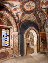 Interior view of the chapel of Saint Gregoire decorated with frescoes of Byzantine influences. Monastery of Saint Benedetto, Subiaco, Italy