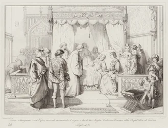 Jacopo Lusignano, King of Cyprus, on his deathbed, entrusts the kingdom and his wife Caterina Cornaro