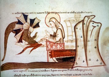 Journey of Saint Brandan - Meeting of Saint Brendan (Brandan), monk navigator of the 6th century with a flying marine monster. Manuscript Venice, 2nd half of the 14th century Paris, BNF, Manuscripts, Italian 1708, f. 16