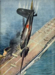 Kamikaze Airman Abe Attacking a British Aircraft Carrier, Illustration from 
