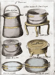 Kitchen utensils: Plate representing different types of pots, cauldrons. Engraving from “Opera”, book on gastronomy divided into 6 parts, by Bartolomeo Scappi, personal cook of Pope Pius V. Venice
