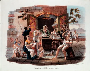 Little Neapolitan trade: a seller of cooked macaroni. In the distance, Vesuvius on the Bay of Naples. Lithograph of the 19th century. Museo Nazionale delle Paste Alimentari, Fondazione Agnesi, Rome