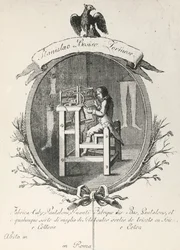 Loom for making socks, pants and gloves, engraving for poster advertising the Stanislaus Bosiso company, Italy