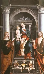 Madonna and Child receiving a rose from the Infant St. John the Baptist, with saints and angels by M.B.