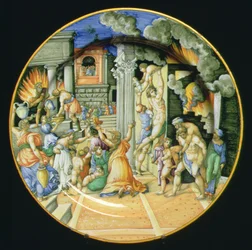 Maiolica plate depicting the burning of Troy with Aeneas carrying his father Anchises on his back with his son Ascanius at his side, Italian