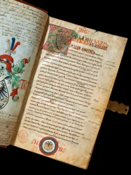 Manuscript “De Bello Gallico, Comments on the War of the Gauls” by Julius Caesar (100-44 BC) Blazon of humanist Niccolo Tranchedini, owner of the manuscript. 14th century