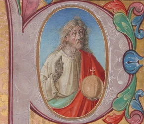 Manuscript Illumination with Salvator Mundi in an Initial P, from a Choir Book