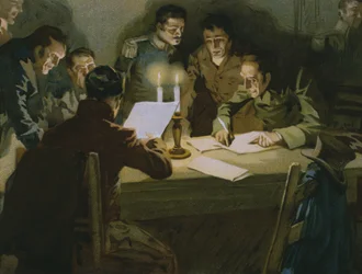 Meeting of the first partisans resisting the occupiers, birth of the Carbonari, illustration from an album on the history of Risorgimento made for the chocolate Talmone