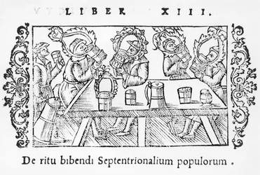 Men Drinking (illustration from Historia de Gentibus Septentrionalibus by Olaus Magnus, published in Rome, 1555)