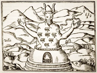 Moloch, copy of an illustration from Oedipus Aegyptiacus by Athanasius Kirchner, Rome 1652, used in a History of Magic, published late 19th century