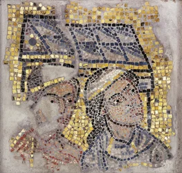 Mosaic Panel with Two Heads and a Building in the Background