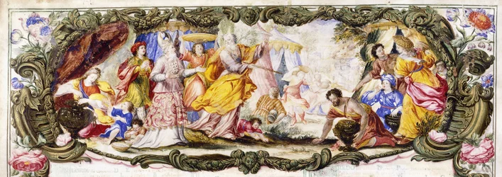 Moses, Aaron and the children of Israel in the wilderness gathering Manna