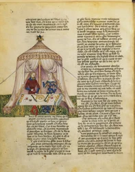 Sir Percival is tempted by a damsel who gives him a feast before seducing him, from the Queste del Saint Graal, c.1380-85