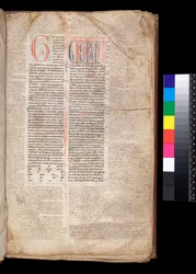 Ms 213. Gregory IX, Decretales with Apparatus by Bernardo Botone of Parma, F.1r. Initial [G] in Red with Reserved and Blue Penwork Decoration