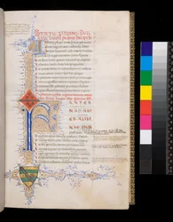 Ms 329. Statius, Thebaid, f.19r. Illuminated initial [F] in blue with reserved decoration for the incipit, and minor initial [A] in gold for the argumentum, and intricate contrasting pen-flourishing of gold and blue, extending to form a L-shaped foliate bo