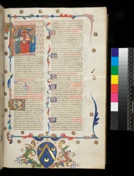 Ms 390. Seneca the Younger, Opera, and Seneca the Elder, Excerpta controversiarum, f.1r. Incipit page with historiated initial [L] housing Jerome, St Paul and Seneca, Veneto