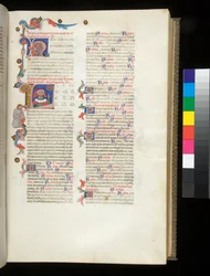 Ms 390. Seneca the Younger, Opera, and Seneca the Elder, Excerpta Controversiarum, f.95r. Inhabited Initial [L], with Portrait of Seneca Pointing at the Wheel of Fortune and at a Downcast Male Figure in the Border
