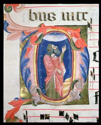 Historiated initial D depicting King David in Prayer