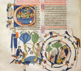 Christ Speaking to Angels and Scenes of Medieval Daily Life (Farming, Fishing and Praying, Miniatures from the Liber Quatuor Sententiarum by Petrus Lombardus)