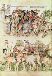 Arthur and his knights setting out on the quest for the Holy Grail, from the Queste del Saint Graal