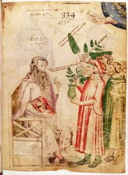 Men presenting plants to an unknown man, from De Herbis by Manfredus de Monte Imperiali