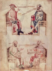 Hippocrates and Hunayn ibn Ishaq and Hippocrates and Claudius Galenus from De Herbis by Manfredus de Monte Imperiali, c.330-40