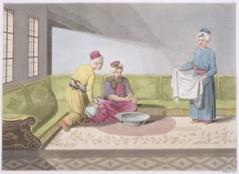 Muslim Performing his Ablutions, plate 34 from Part III, Volume I of The History of the Nations, engraved by V. Raineri