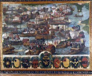 Naval Battle of Lepanto: “Al tempo Niccolo di Cornelio Borghesi Kdibicher” - painting preserved in the State Archives of Siena