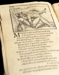 Page from "Sonetti Lussuriosi" by Pietro Aretino, illustrated by Giulio Romano and engraved by Marcantonio Raimondi, published Venice, c.1527