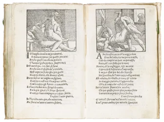Page from "Sonetti Lussuriosi" by Pietro Aretino, illustrated by Giulio Romano and engraved by Marcantonio Raimondi, published Venice, c.1527