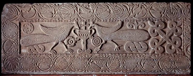 Stone parapet covered with low reliefs depicting peacocks, from the sarcophagus of Teodote, 8th century