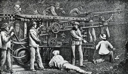 Pneumatic rock-drilling machine created by Giovanni Battista Piatti and perfected by Germano Sommeiller, engraving